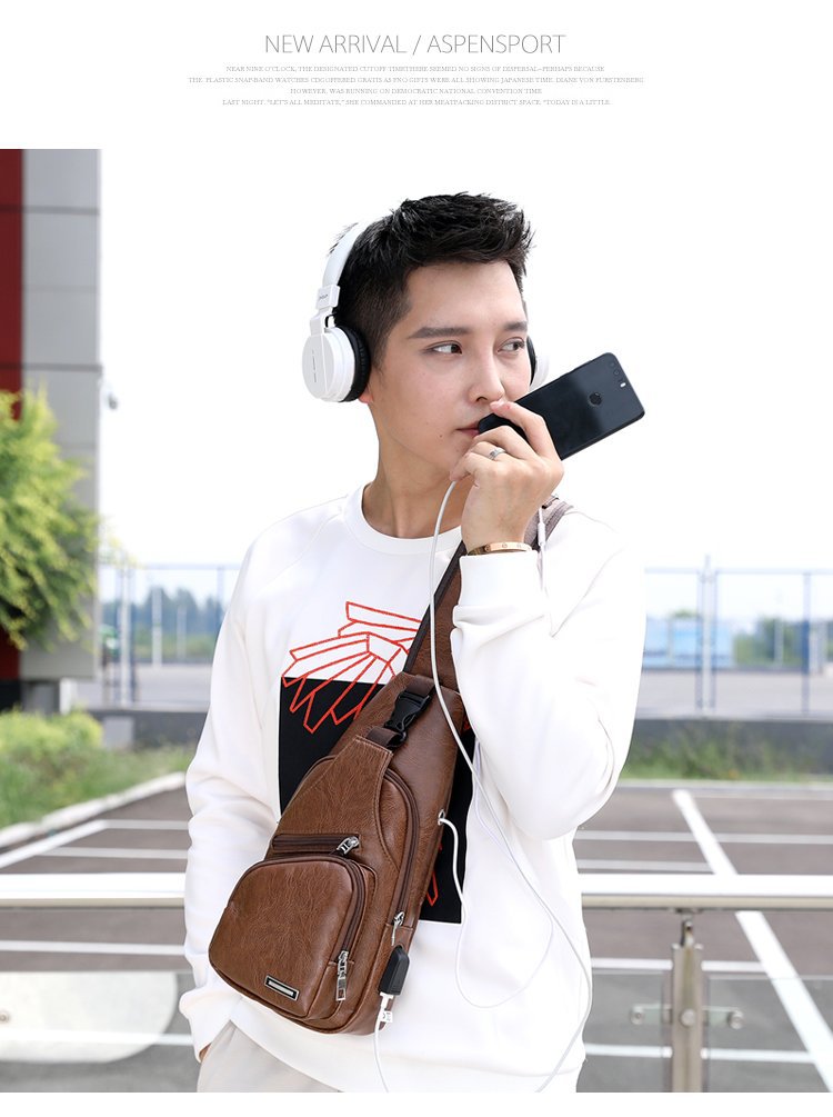 Cross -border explosion USB men's chest bag portable charging casual mesengers outdoor sports PU chest bag