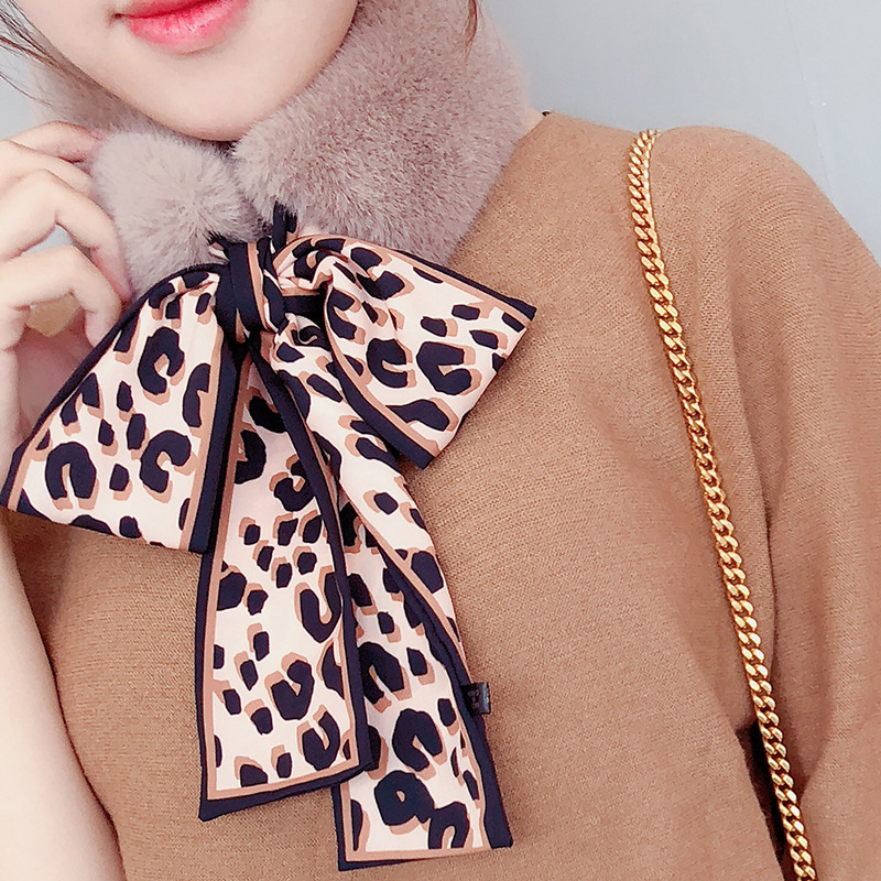 百搭圍巾韓版仿獺兔毛豹紋飄帶毛毛絨秋冬季絲帶圍脖保暖百搭兩用