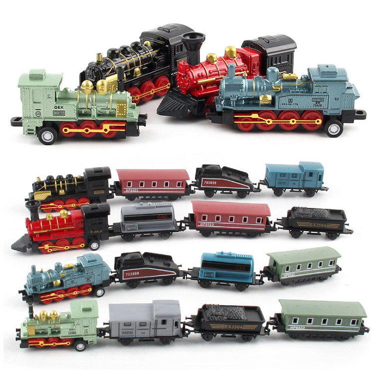 外贸热卖仿真复古蒸汽火车合金模型摆件回力车儿童益智可拼接玩具