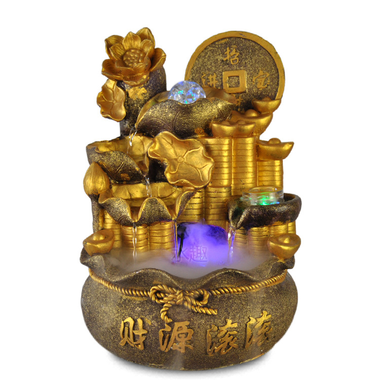 中式风格荷花金币树脂喷泉摆设传统婚庆土豪金微景观室内装饰品|ms
