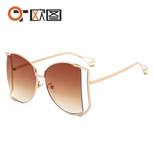 1845 European and American trend large frame pearl sunglasses women's fashion colorful metal hollow cross-border sunglasses glasses