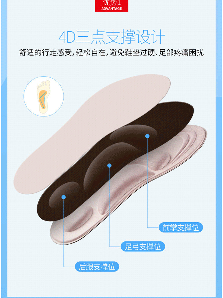 【买2送1】4D防滑鞋垫足弓支撑军训鞋垫男女运动透气吸汗防臭
