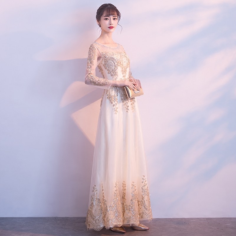 Elegante vestido de noche dorado para mujer, nuevo modelo 2026, vestido de manga larga digno y elegante para reunión anual de empresa, corte ajustado y estilo largo.