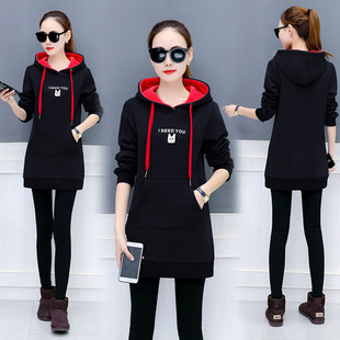2022 autumn and winter new Korean women's pullover loose plus size students hooded long fleece-lined embroidered sweater women