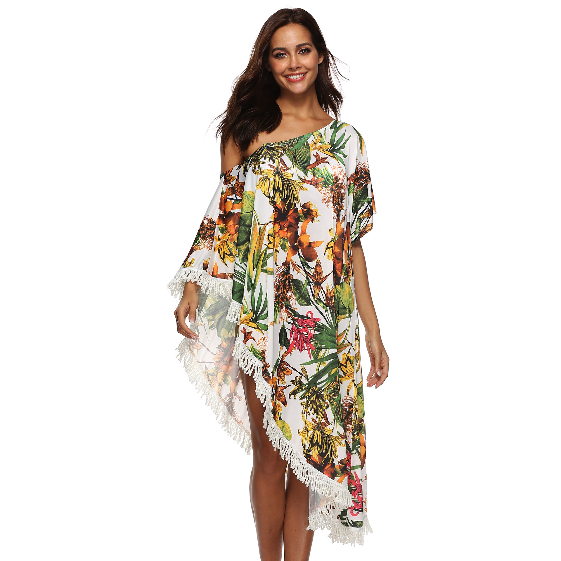 Floral Print Off Shoulder Maxi Dress Tassel Detail Irregular Hem Sun Protection Summer Casual Wear Wholesale