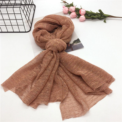 跨境春季女生简约压皱金银丝彩色单色薄纱巾穆斯林包头围巾直销|ru