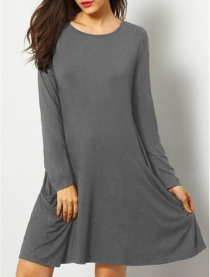 Loose A Line Dress with Large Pockets Long Sleeve Round Neck Spring Fashion Wholesale Available