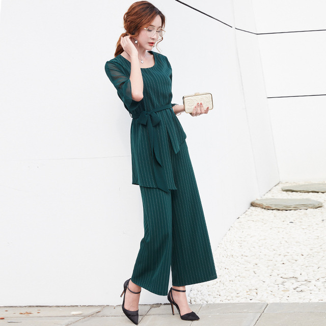 Summer new flared sleeve striped trousers suit fashionable Chiffon