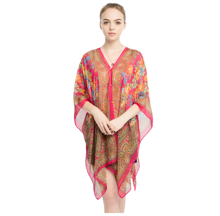 印花雪纺丝巾 珍珠扣防晒披肩批发 海边沙滩巾