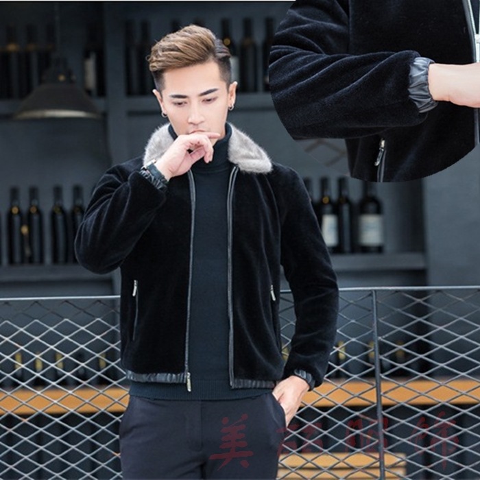 韩版男士外套仿皮草短款水貂毛皮衣夹克棉衣貂皮皮毛一体仿羊剪绒|ms