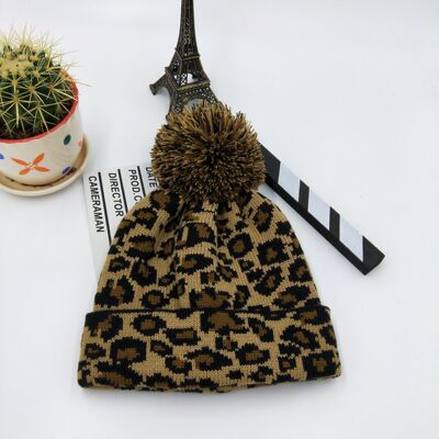 帽子女秋冬时尚百搭卷边保暖针织帽冷帽韩版新款豹纹大球球套头帽