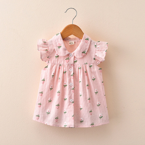 Children's clothing  summer new children's shirt floral short-sleeved small flying sleeves girls tops small and medium-sized children's cardigan shirt