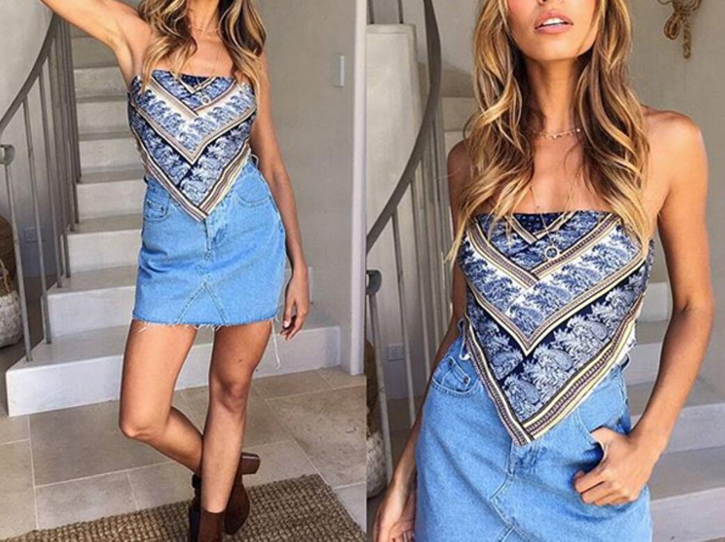 printing bohemian backless tube top lace-up vest NSOY125439