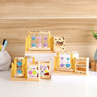 originality woodiness Cartoon pen container rotate hourglass time desktop Decoration student practical activity Boutique Small gifts