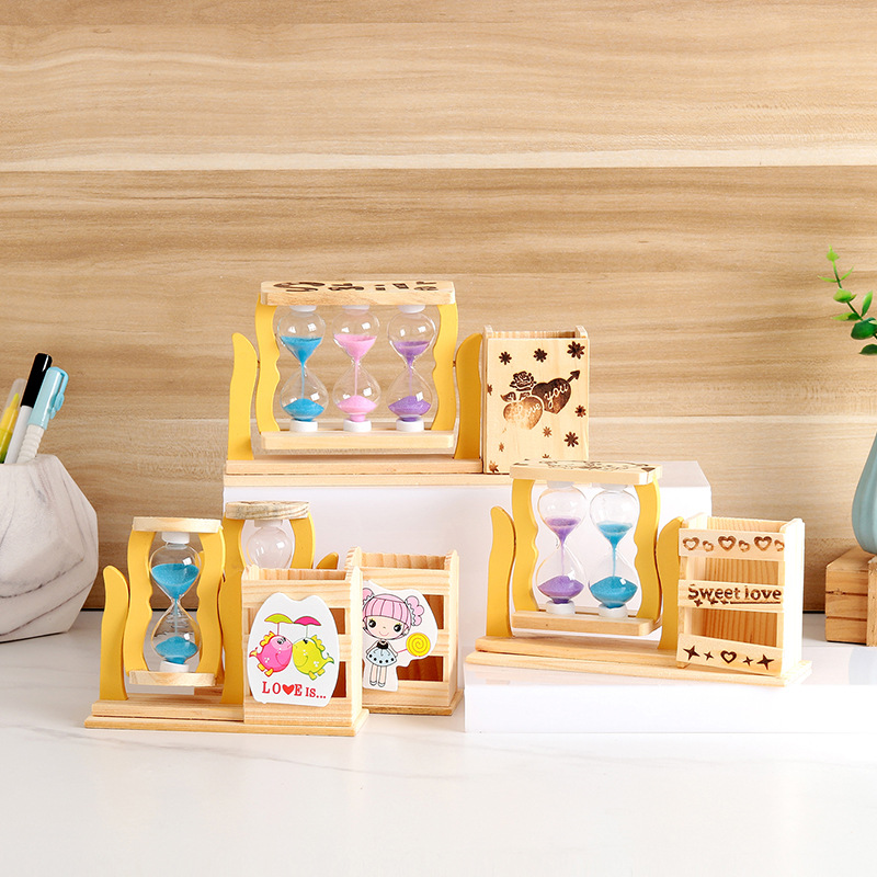originality woodiness Cartoon pen container rotate hourglass time desktop Decoration student practical activity Boutique Small gifts