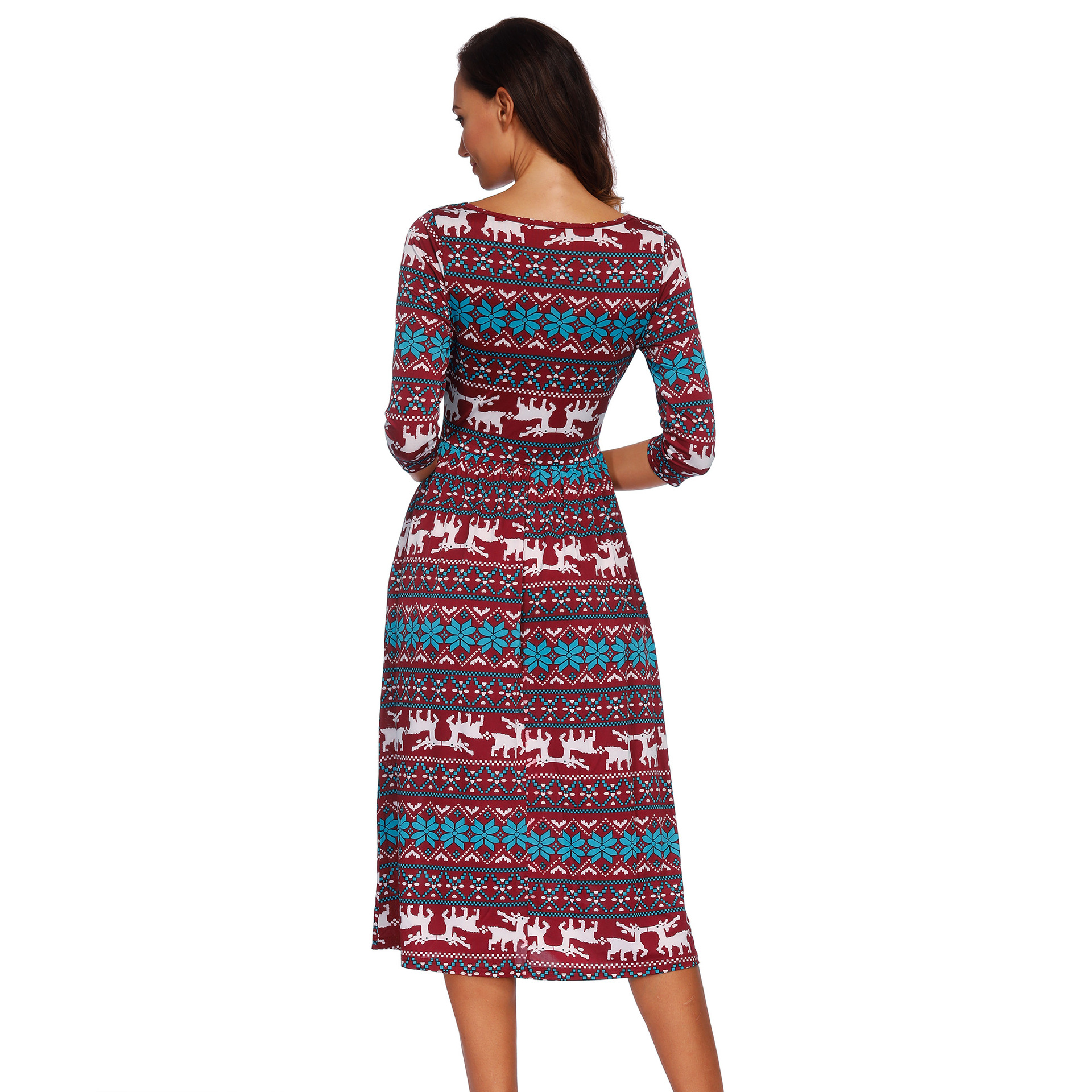 Christmas Reindeer Print Dress Three Quarter Sleeve Double Pockets Casual Style Wholesale Available