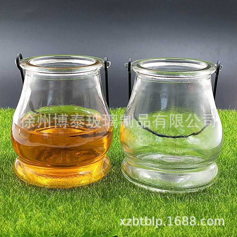 厂家批发透明玻璃蜡烛台 玻璃耳朵蜡烛罐 带吊环 可以喷色深加工