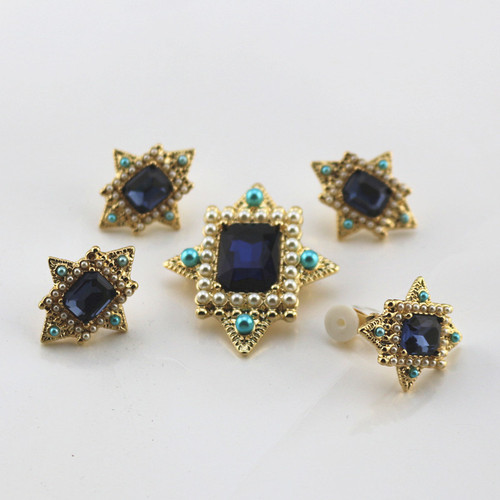 Antique sapphire pearl brooch necklace pendant 925 silver needle earrings ear clip set Qingdao