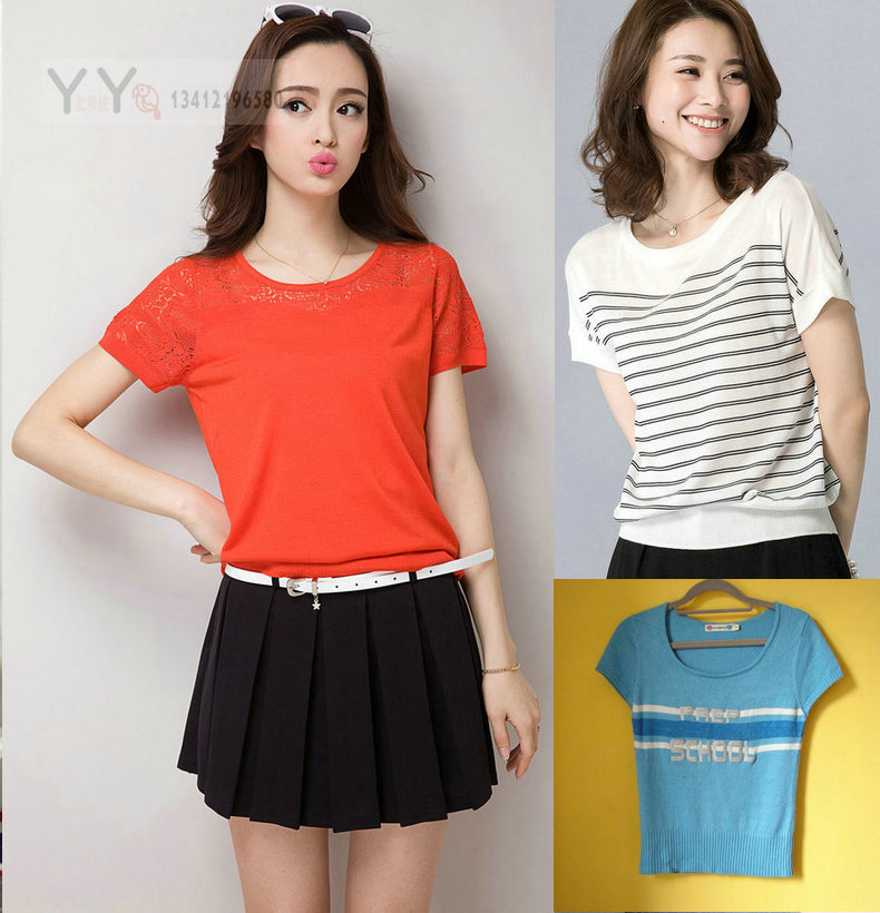 地摊货源大码女装针织短袖衫 新款地摊批发女针织短袖衫 针织短袖