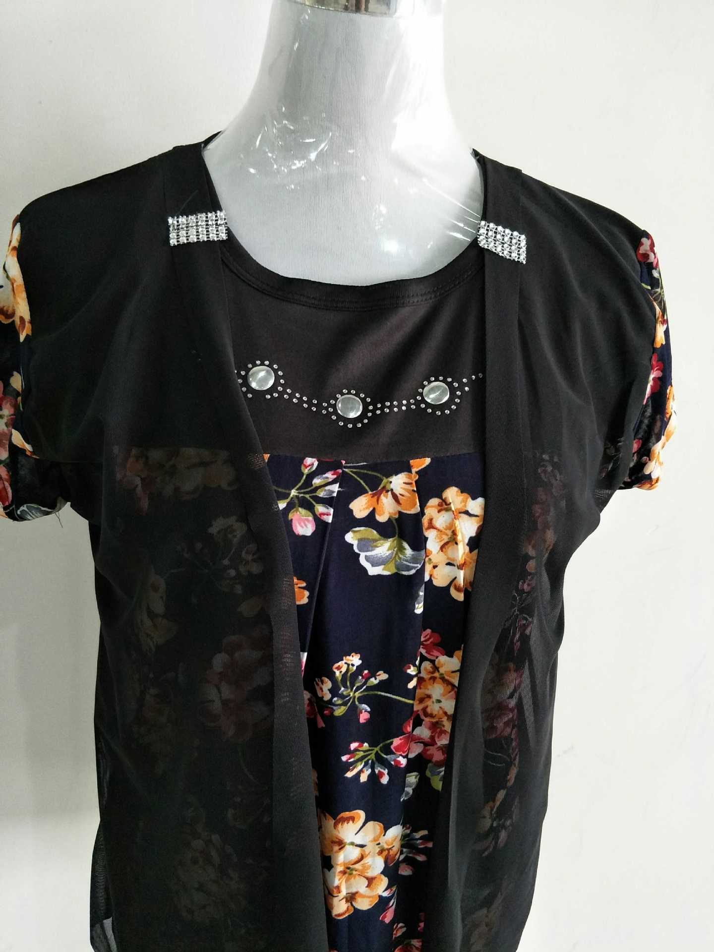 夏季新款妈妈装短袖t恤女两件套外套衫冰丝印