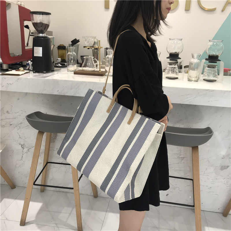 Korean Retro Striped Large Capacity Canvas Bag display picture 9