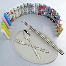 Bộ dao kéo trẻ em kiểu Trung Quốc ba mảnh inox nĩa thìa nhựa đũa hoạt hình bộ đồ ăn Bộ dao kéo