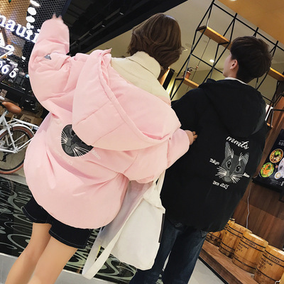 838情侣装冬装新款韩版宽松连帽猫咪棉服外套百搭棉衣面包服女