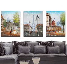 大芬油画纯手绘街景简欧半抽象客厅沙发背景墙三联画走廊装饰画