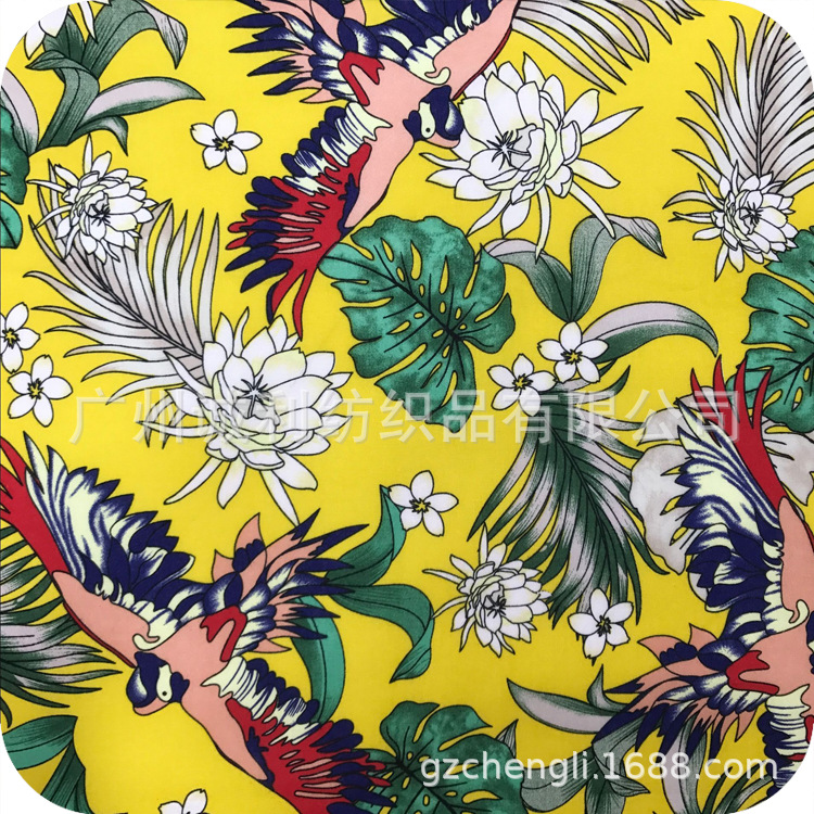 时尚连衣裙印花布 花鸟印花面料 夏衬衫印花布料 棉麻童装印花布