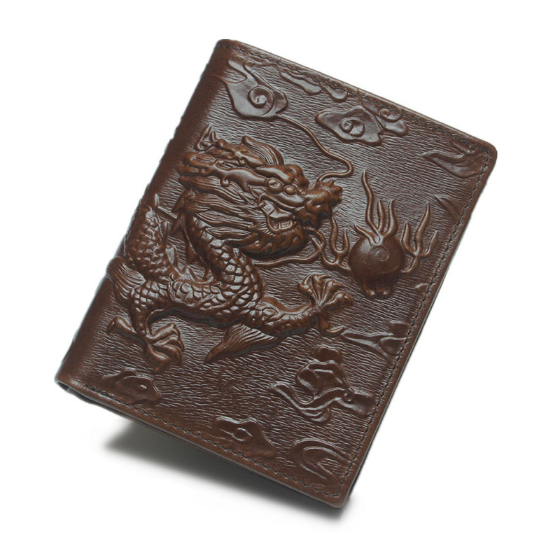 Primera capa de cuero genuino de los hombres y las mujeres de la vendimia del Dragón patrón de la cartera simple primera capa de aceite de cera de cuero de la cartera de cuero genuino horizontal y vertical pequeña bolsa