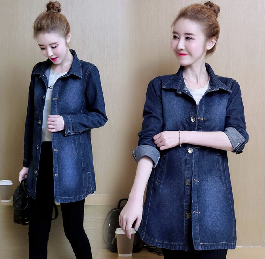 中長款寬松牛仔外套女2020秋裝新款韓版休閑大碼風衣長袖純色上衣