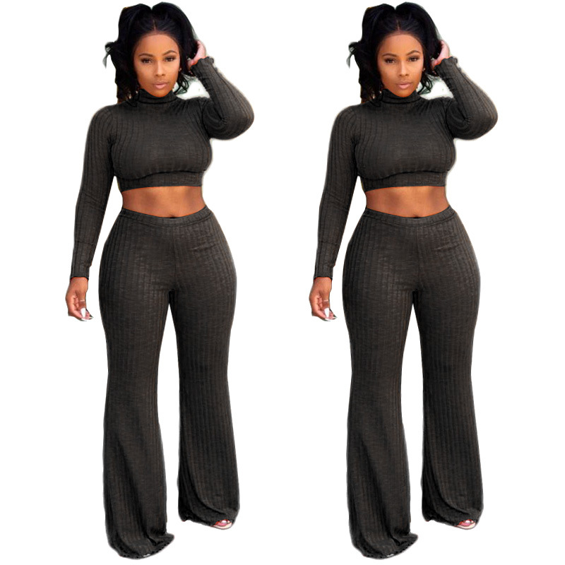 Solid color pit strip long sleeve cropped top & pants set NSMYF68683