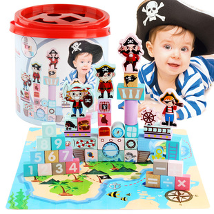 新款积木儿童木制质桶装启蒙积木益智早教海盗船公主骑士积木玩具