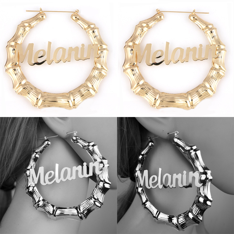 9CM Round Bamboo Exaggerated Big Ear Ring English Letter Melanin Bamboo Earrings