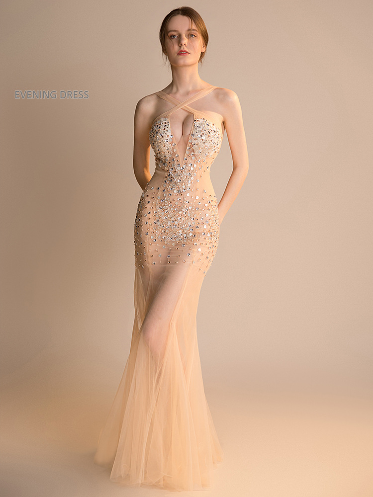 Robe de soirée sexy en résille transparente - Robe longue moulante transparente faite main pour femme, idéale pour les défilés automobiles_voghion.com