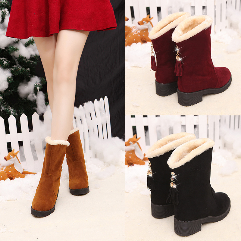 Suede In cylinder Snow boots 2018 Autumn and winter Middle heel With crude Plush student Korean Edition Cotton boots Manufactor Direct selling