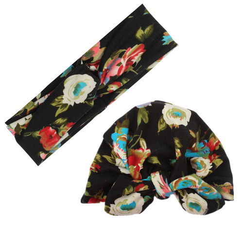 New European and American mother and baby set, printed cross headband, printed bunny ears hat, cute printed headband