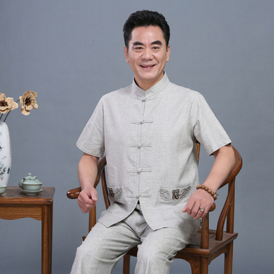 Nation men's wear Middle and old age Flax Tang costume man Short sleeved suit Chinese style Buddhist clothes summer Burlap Embroidery