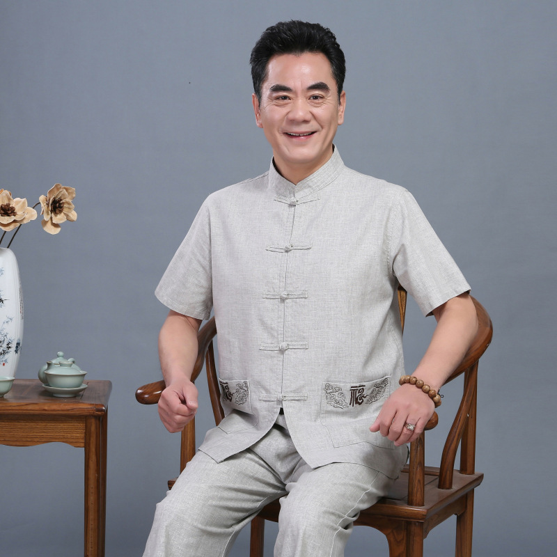 Nation men's wear Middle and old age Flax Tang costume man Short sleeved suit Chinese style Buddhist clothes summer Burlap Embroidery