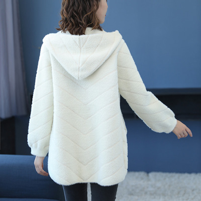Autumn Women's wear Hooded knitting Cardigan Korean Edition Mid length version Solid Easy Mink like Cashmere coat sweater coat