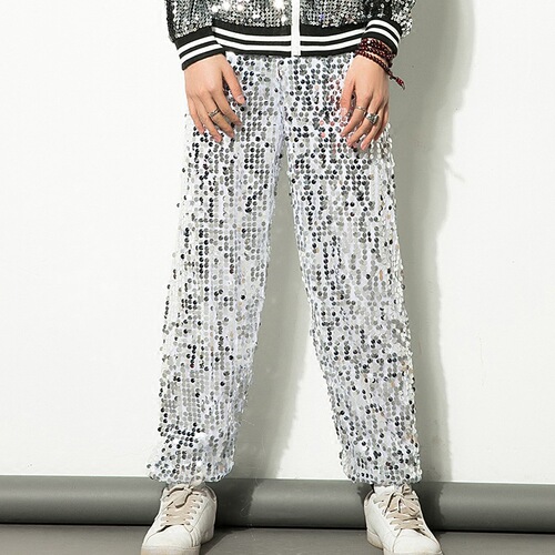 Men youth silver black sequined jazz dance pants hip-hop street dance trousers stage rap gogo dancers modern dance practice pants jazz sequin dance long pants