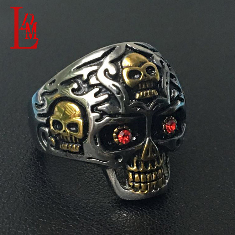 wish爆款饰品 316L骷髅头多面金色红眼不锈钢戒指 现货供应