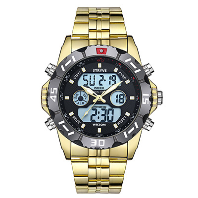 Stryve moda hombres de doble movimiento impermeable reloj de cuarzo electrónico estudiante sincronización alarma reloj de pulsera de acero inoxidable
