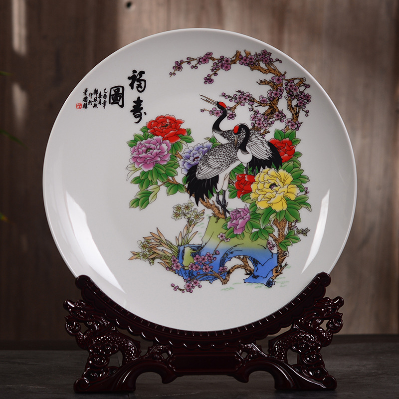 10寸白鹤陶瓷盘中式家居装饰挂盘商务礼品盘陶瓷工艺品图案定制|ms