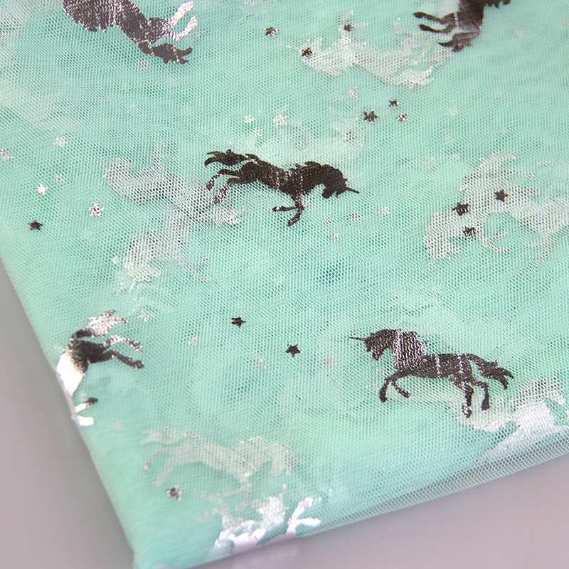 全涤纶薄荷浅绿现货烫银色动物马图案 现货销售 童装网纱裙网布