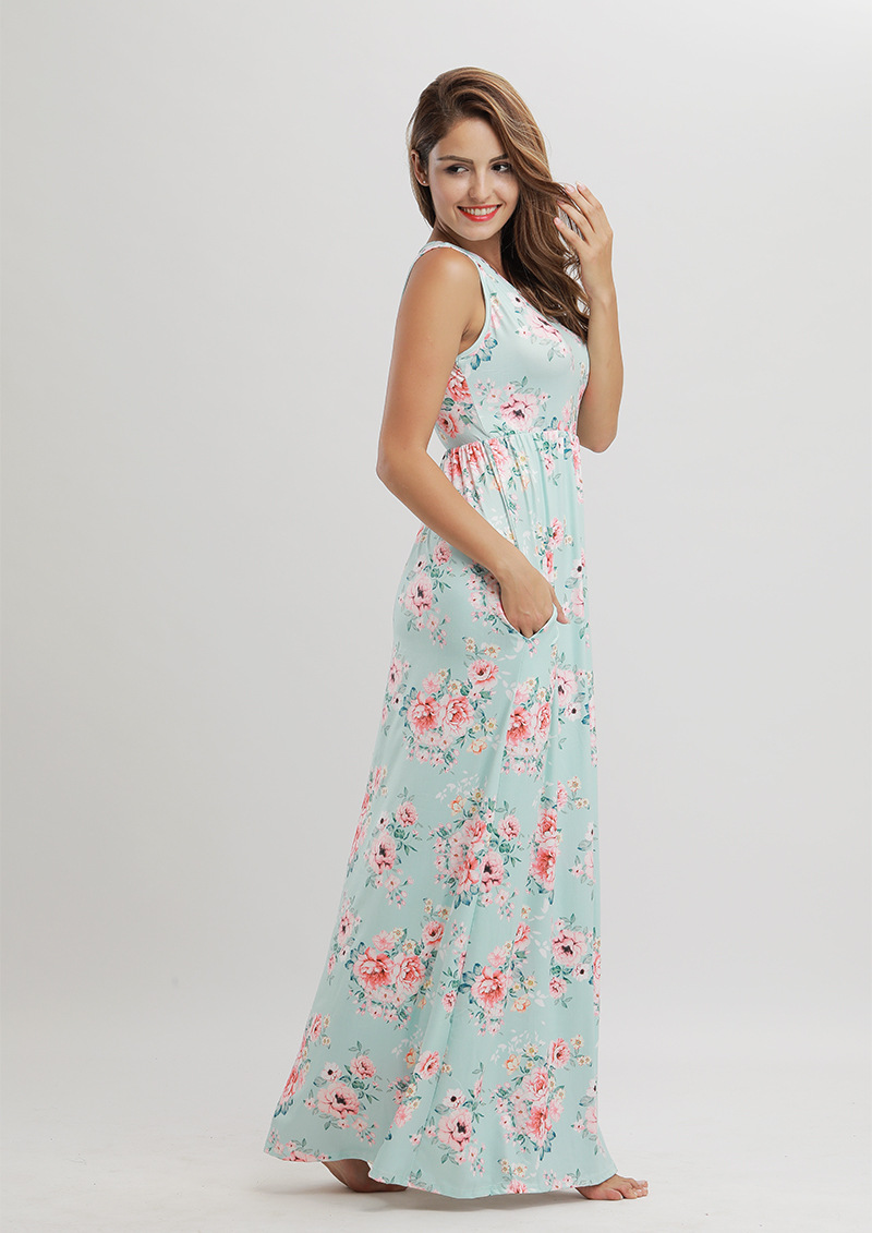 Summer Floral Print Maxi Dress Sleeveless Round Neck Beach Style Wholesale Available custom packaging