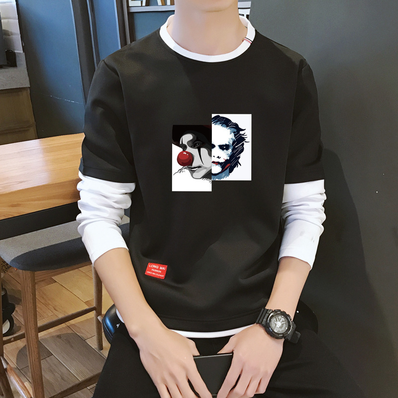 爆款男式假两件套头卫衣秋冬新款韩版修身撞色套头卫衣小丑款批发