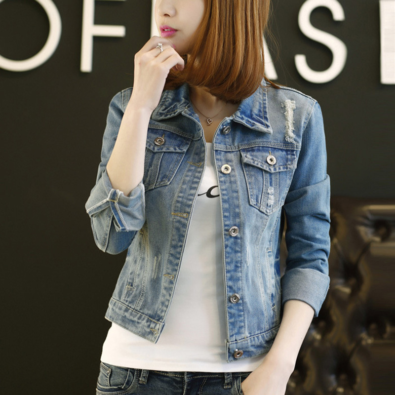 2024 Spring and Autumn New Denim Tops Women's Long Sleeve Korean Style Tops Short Slim Fit Ripped Easiest for Match Top Large Size