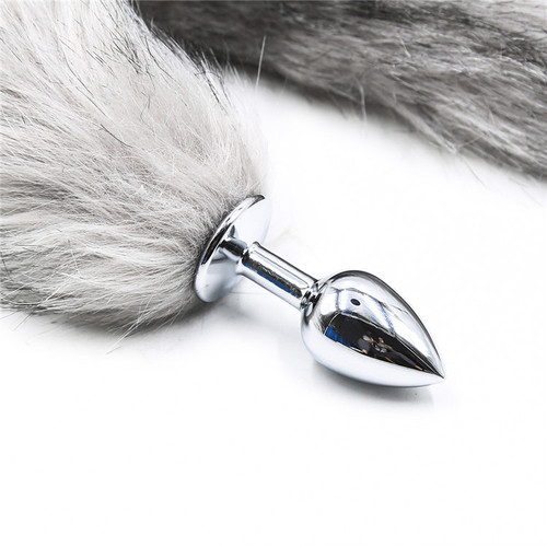 Flirting toy tail feathers light gray artificial fur small metal anal plug couple anal plug tail
