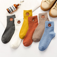 Children's Fall/Winter Plain Color Cotton Bear Embroidered Women's Socks, Japanese Style Striped Mid-Calf Socks, Korean Version Socks Wholesale